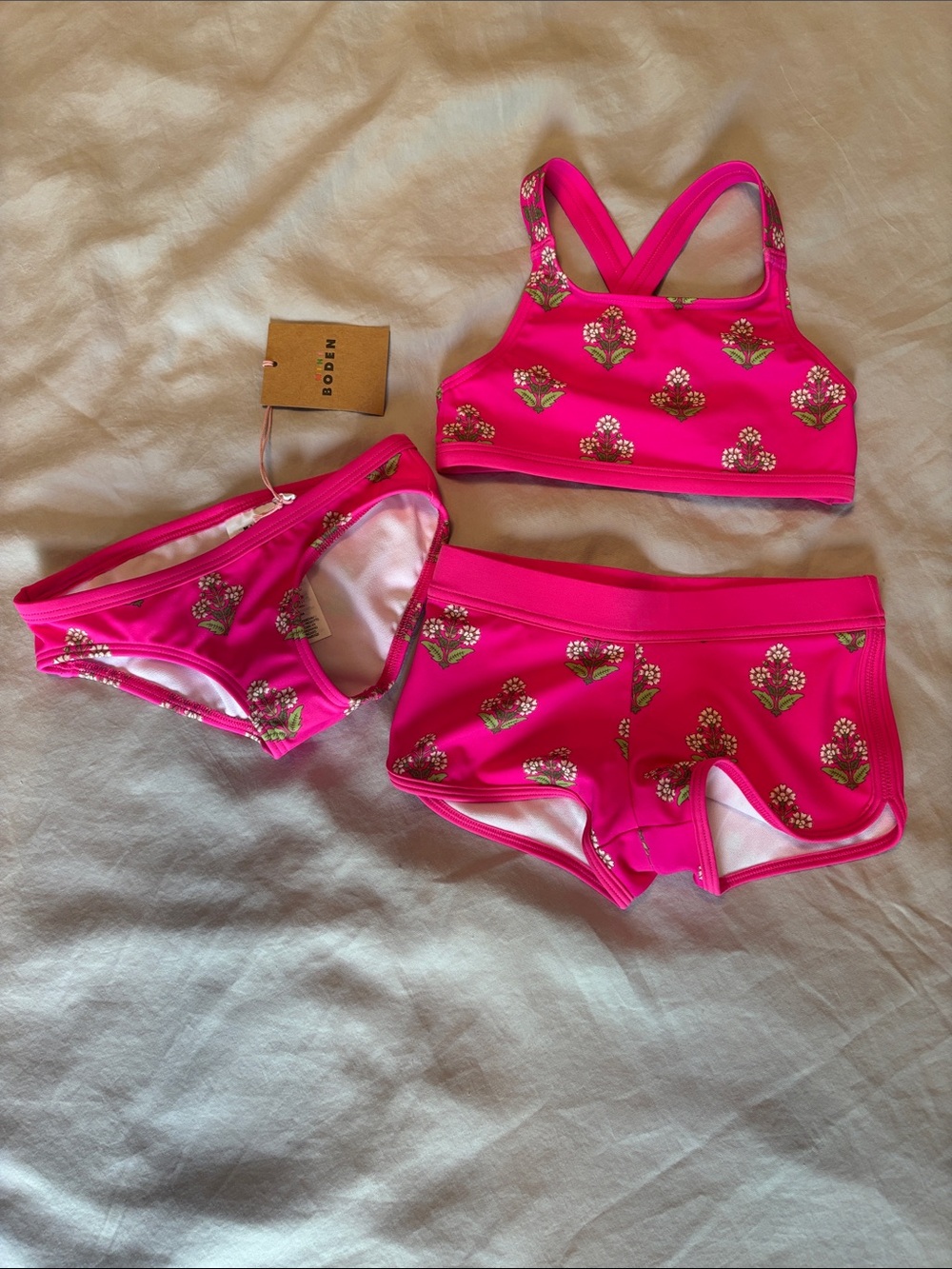 NWT Mini Boden Girls Pink Floral Bikini Set 3-Piece | Mix & Match | Bright Pink